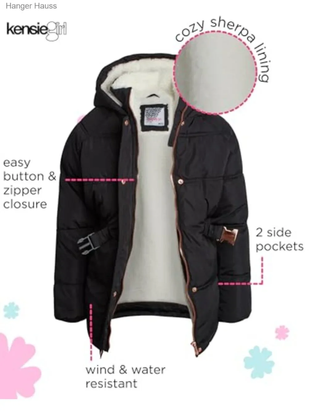 Girls Quilted Puffer Jacket Sherpa-Lined Belted Winter Coat Wind Resistant